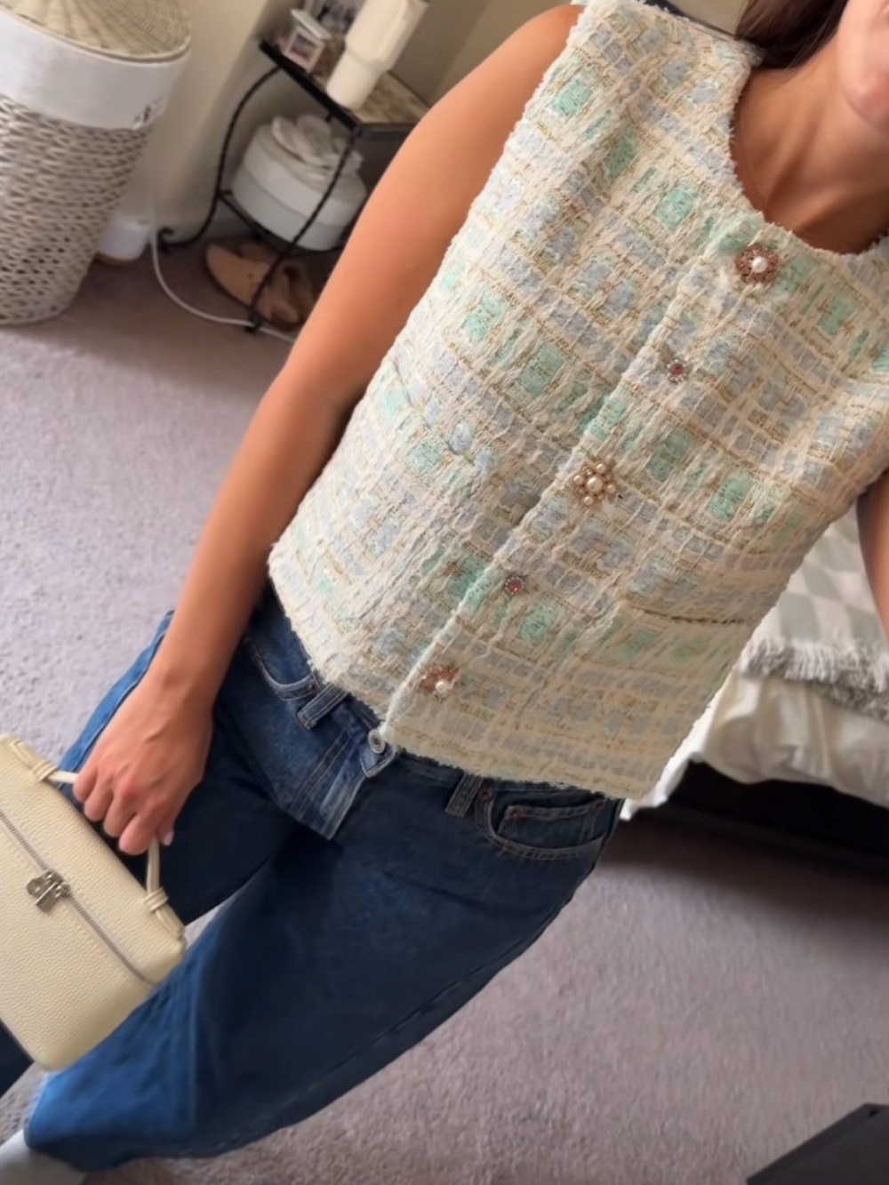 adidas Sleeveless Tweed Crop Top in Mint & Ivory - Picture 2 of 5